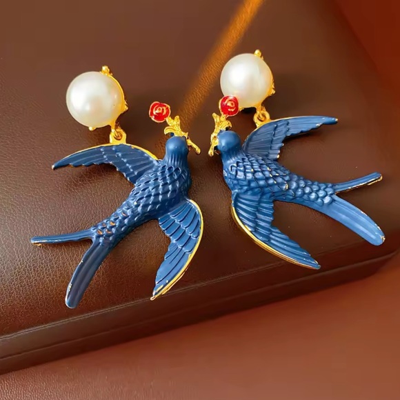 Blue Bird Pearl Drop Earrings - Picture 3 of 4